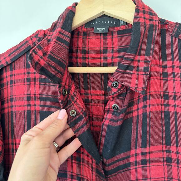 Sanctuary Plaid Snap Front Long Sleeve Shirt Red Black S - Picture 7 of 9